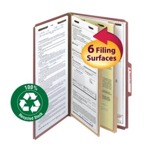 Smead 100% Recycled Pressboard Classification File Folder, 2 Dividers, 2" Expansion, Legal Size, Red, 10 per Box (19023)