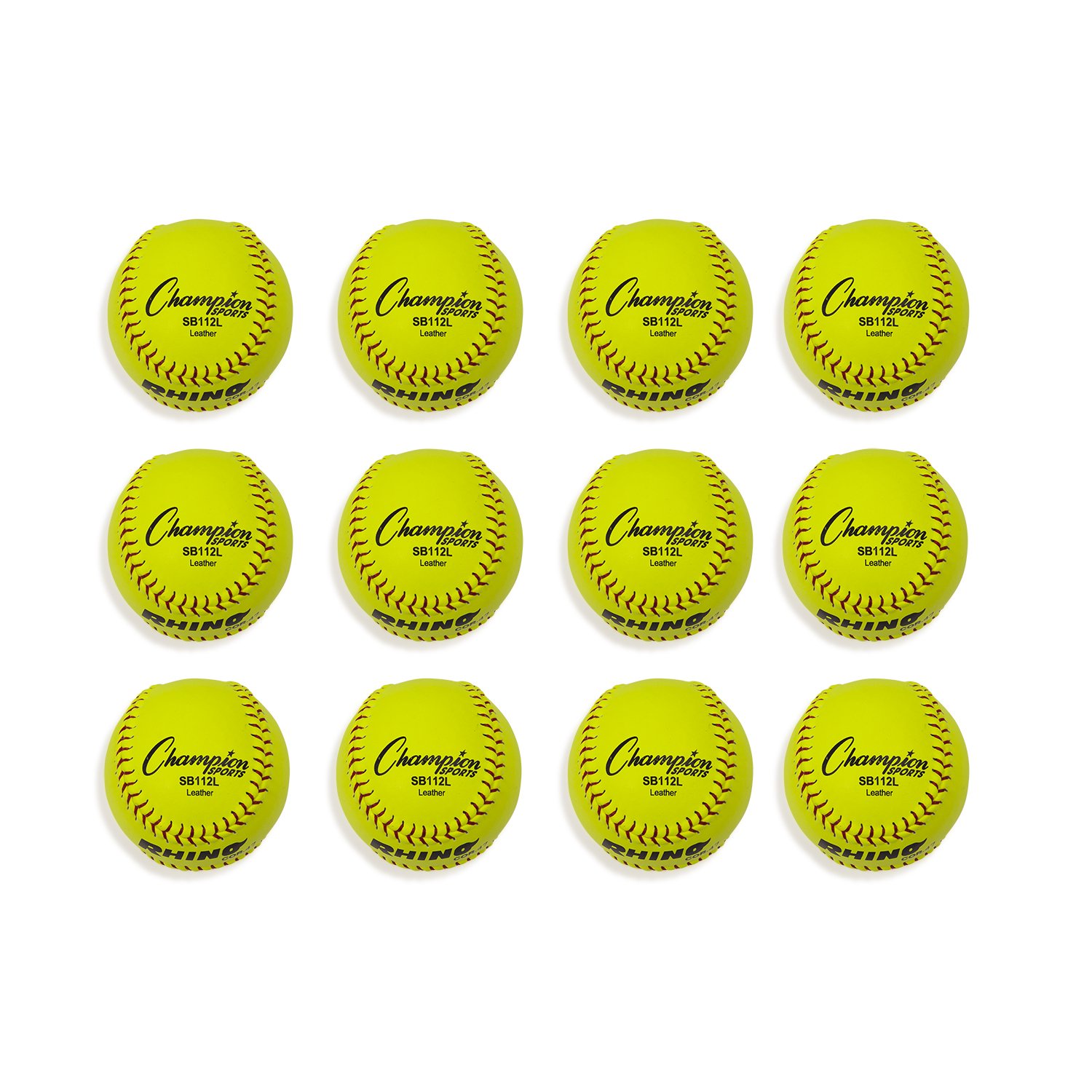 Champion Sports 12" Leather Cover Softballs - Cork Core - Medium Compression - NFHS Approved - Raised Seams - Optic Yellow - Pack of 12