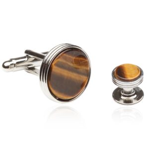 Tigers Eye Tuxedo Shirt Cufflinks Studs Formal Set for Men with Travel Presentation Gift Box for Groom Groomsmen Wedding Party