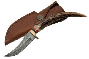 szco supplies damascus 8" steel stag tip slim skinner knife with sheath