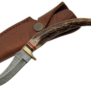 Szco Supplies Damascus 8" Steel Stag Tip Slim Skinner Knife with Sheath