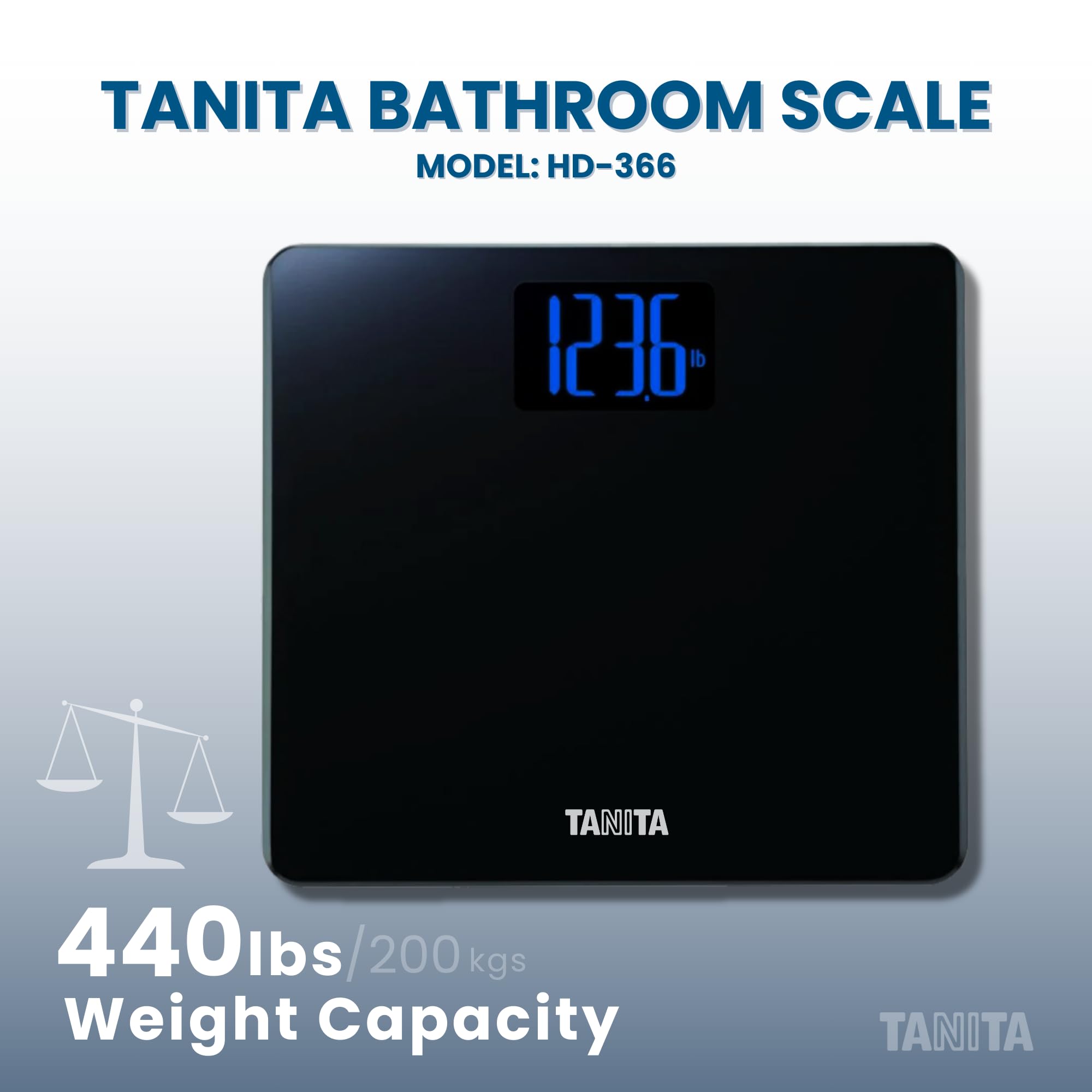 Tanita HD-366 Digital Weight Scale - 440 lbs Capacity - Japan Technology Accurate Digital Weight Scale - Step On Operation, Stylish Design with Reverse Blue Lit LCD Display & 8mm Thick Tempered Glass