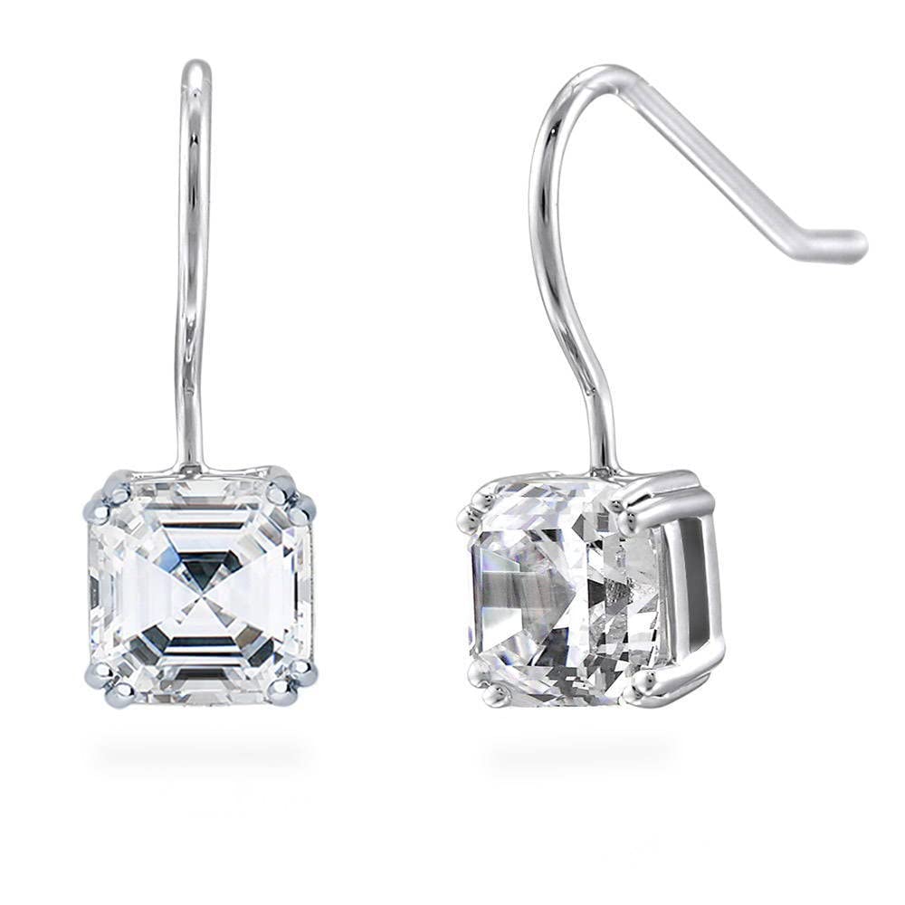 BERRICLE Sterling Silver Solitaire 3.2 Carat Asscher Cut Cubic Zirconia CZ Anniversary Fish Hook Dangle Drop Earrings for Women, Rhodium Plated