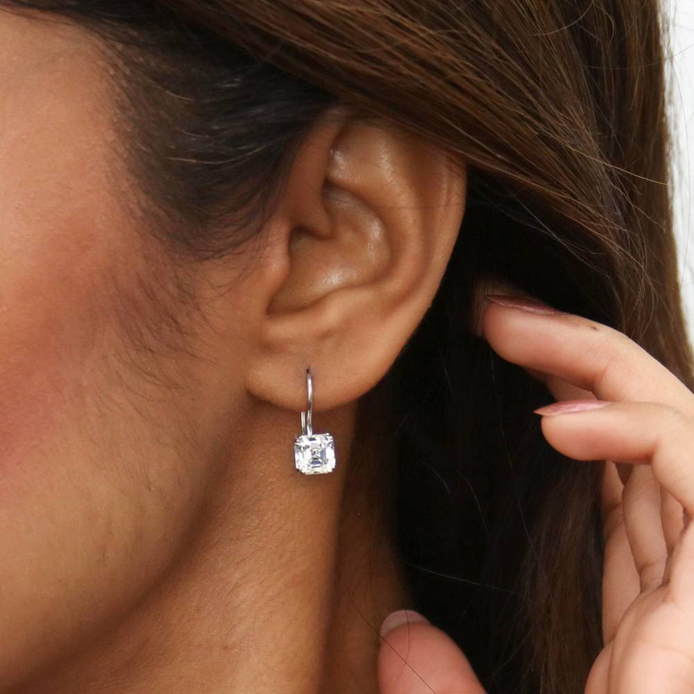 BERRICLE Sterling Silver Solitaire 3.2 Carat Asscher Cut Cubic Zirconia CZ Anniversary Fish Hook Dangle Drop Earrings for Women, Rhodium Plated