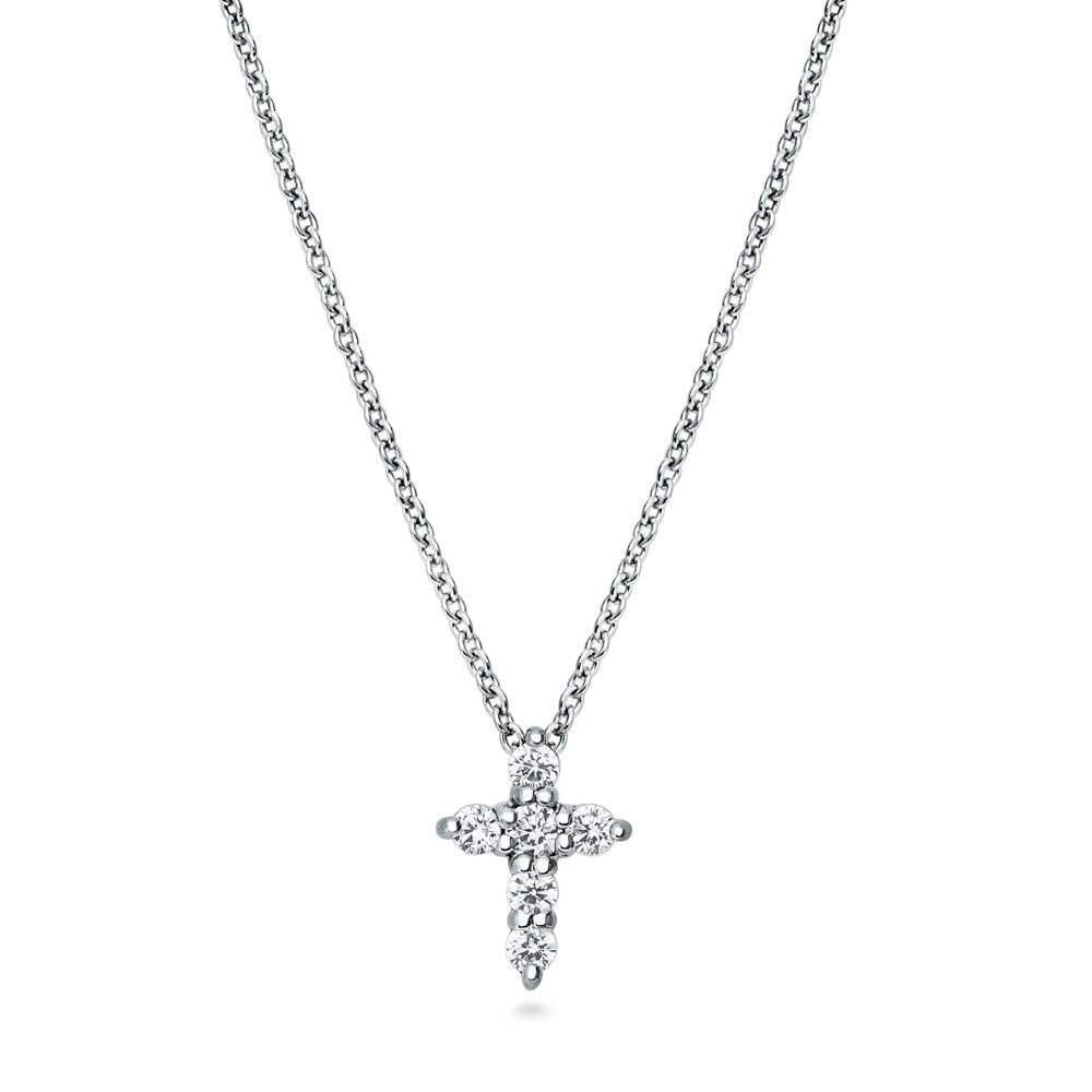 BERRICLE Sterling Silver Cross Cubic Zirconia CZ Fashion Pendant Necklace for Women, Rhodium Plated