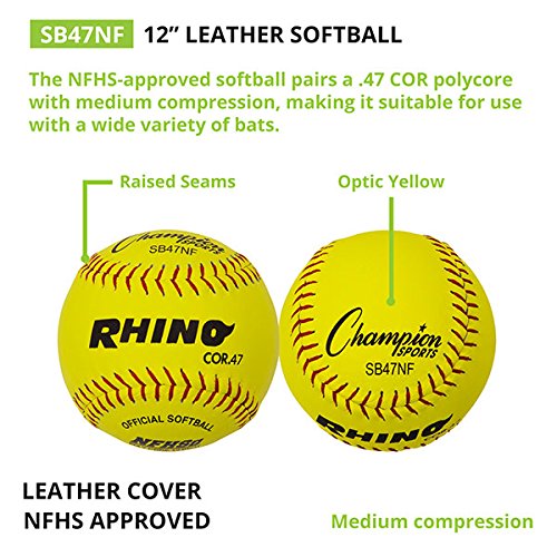 Champion Sports 12" Leather Cover Softballs - Poly Core - Medium Compression - NFHS Approved - Raised Seams - Optic Yellow - Pack of 12