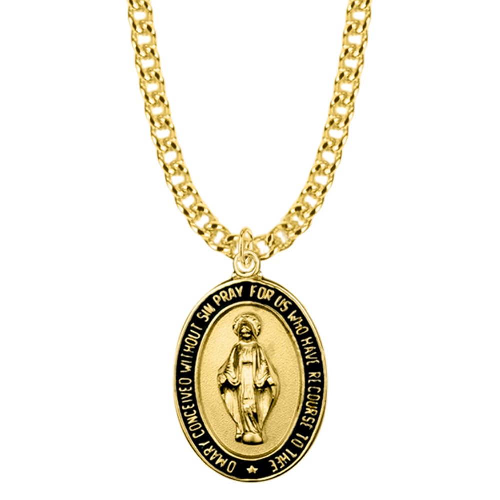 TrueFaithJewelry 18KT Gold-Plated Sterling Silver Our Lady Of Grace Miraculous Medal Pendant Necklace with Black Enamel Border Religious Jewelry, 7/8 Inch