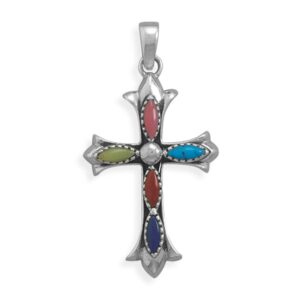 azurebella jewelry sterling silver fleuree cross pendant with multicolor marquise shape stones