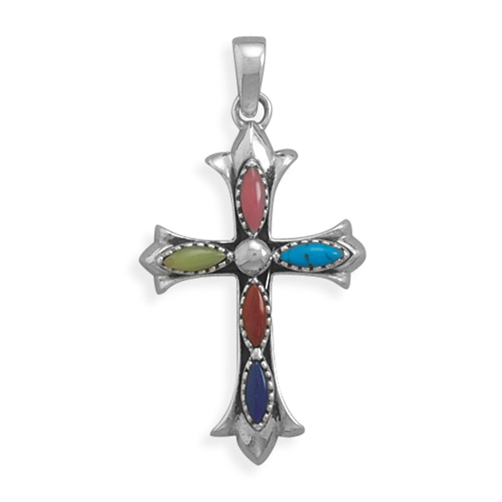 AzureBella Jewelry Sterling Silver Fleuree Cross Pendant with Multicolor Marquise Shape Stones