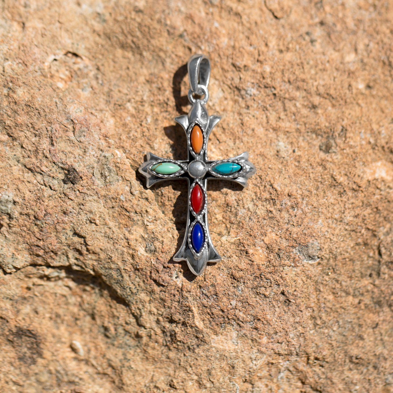 AzureBella Jewelry Sterling Silver Fleuree Cross Pendant with Multicolor Marquise Shape Stones