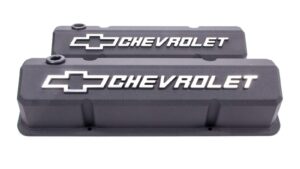 proform valve cover, slant-edge, tall, baffled, breather hole, raised chevrolet bowtie logo, aluminum, black crinkle, small block chevy, pair