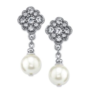 1928 Jewelry Women's Bridal Silver Tone Simulated Faux Pearl And Crystal Drop Earrings