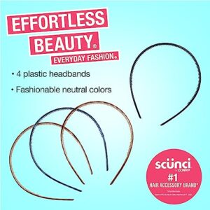 Scunci by Conair Effortless Beauty Skinny headband -plastic Headbands for Women and Men - hair accessories for women - Nuetral Colors - 4 Count