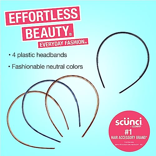 Scunci by Conair Effortless Beauty Skinny headband -plastic Headbands for Women and Men - hair accessories for women - Nuetral Colors - 4 Count