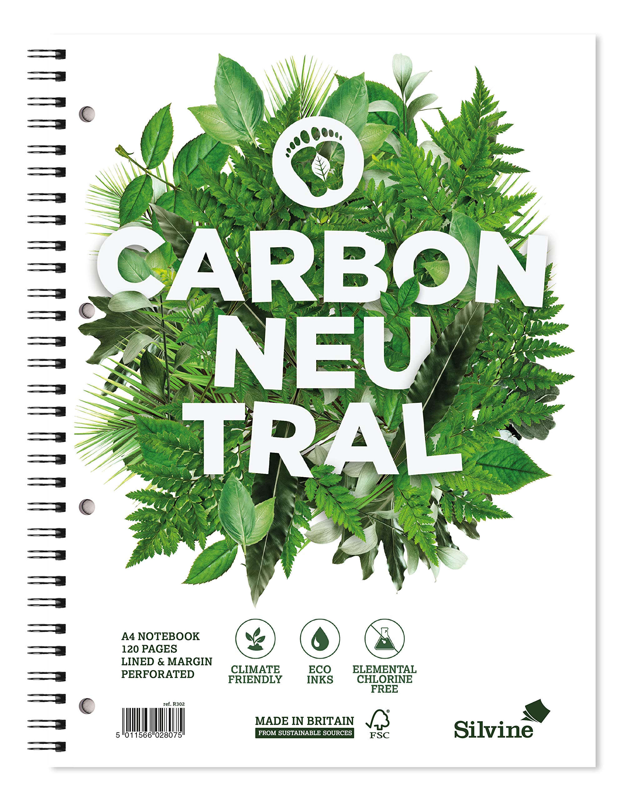 Silvine A4+ Carbon Neutral Wirebound Notebook - Lined with Margin, 120 Pages of Premium CO2 Neutral Paper. Ref R302 [Pack of 5], White