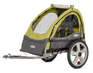 instep sync single seat bike child trailer, max weight 40 lbs., 5-point harness, folding frame, quick release wheels, easy storage, bug screen & weather shield, green/grey