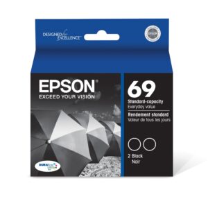 epson 69 durabrite ultra ink black 2-pack for cx-6000, cx-7000f, cx-7400, cx-8400, cx-9400, cx-9475, nx-400, nx-415, nx-510, nx-515, wf-1100, wf-500, wf-600, wf-610, wf-615 and other select models