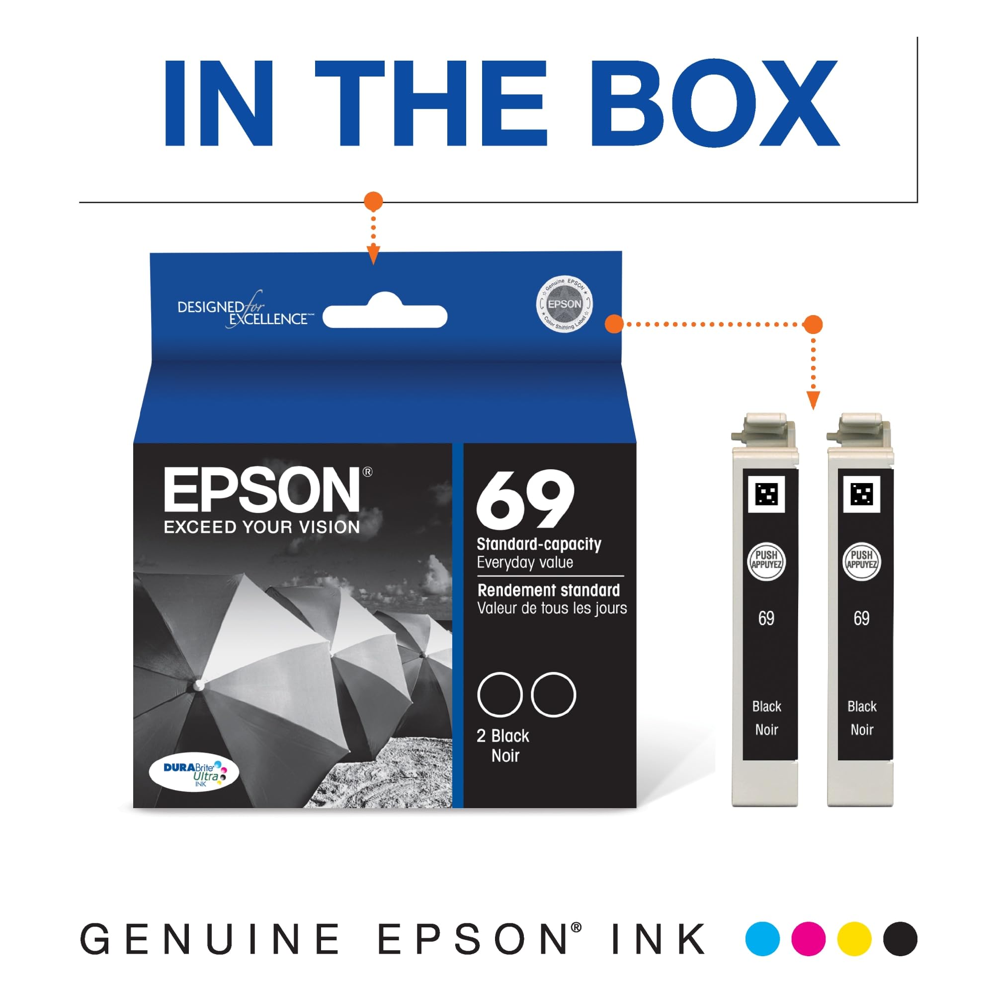 EPSON 69 DURABrite Ultra Ink Black 2-Pack For CX-6000, CX-7000F, CX-7400, CX-8400, CX-9400, CX-9475, NX-400, NX-415, NX-510, NX-515, WF-1100, WF-500, WF-600, WF-610, WF-615 and other select models