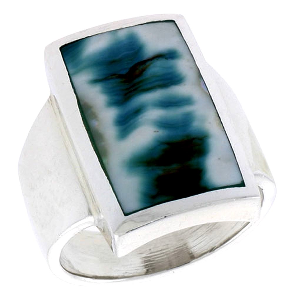 Sterling Silver Mother of Pearl Ring Rectangular Blue-Green 7/8 inch size 10