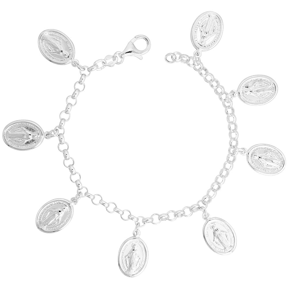 Sterling Silver Miraculous Medal Bracelet for Women 3/4 inch Dangling Charms 7 inches long