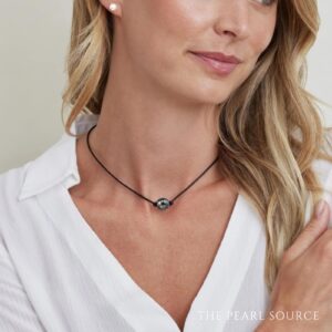 The Pearl Source 10-11mm Baroque Genuine Black Tahitian South Sea Cultured Pearl Adjustable Leather Necklace for Women