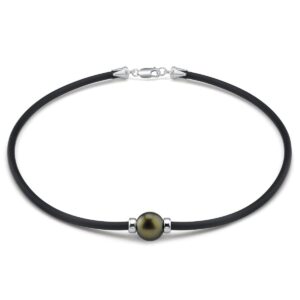 The Pearl Source Sterling Silver 11-12mm Round Genuine Black Tahitian South Sea Cultured Pearl Rubber Necklace in 16" Choker Length for Women