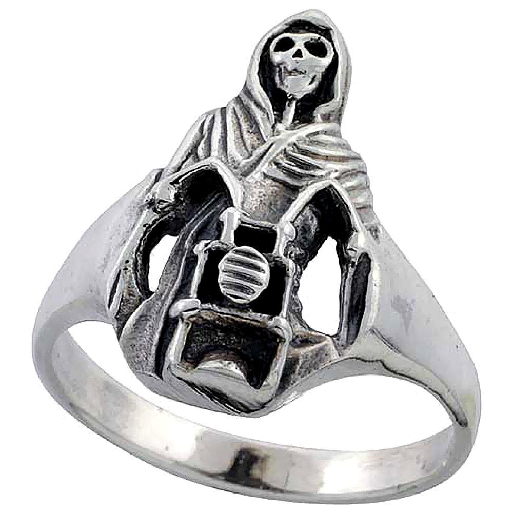 Sterling Silver Grim Reaper on Motorcycle Ring for Women 3/4 inch size 7.5