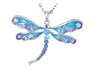 alilang womens blue purple glitter enamel rhinestone dragonfly pendant necklace over silvery tone