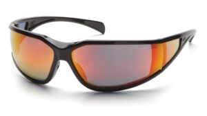 pyramex exeter safety eyewear, sky red mirror anti-fog lens with black frame