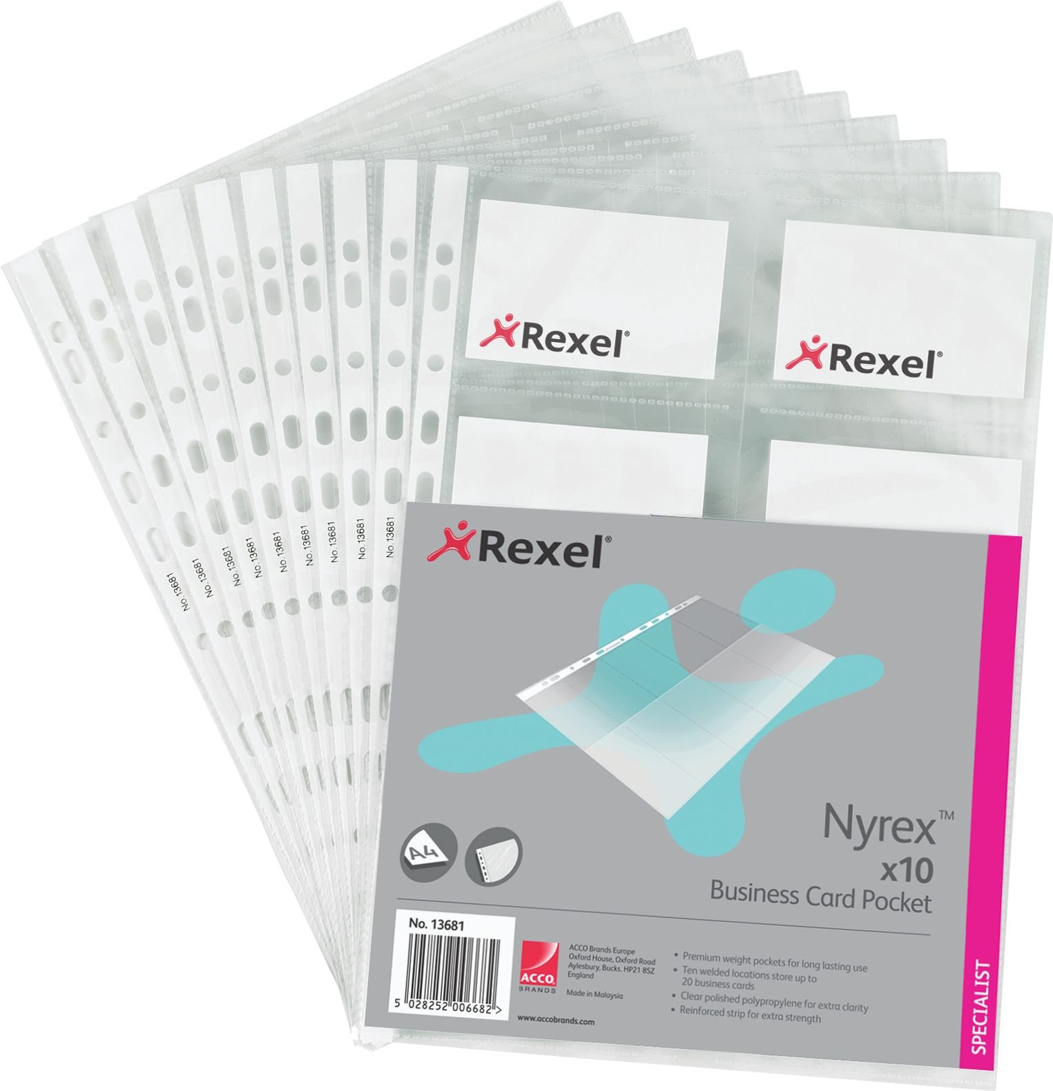 Rexel Nyrex Business Card Pockets for 20 Cards A4 Clear (10 Pack)