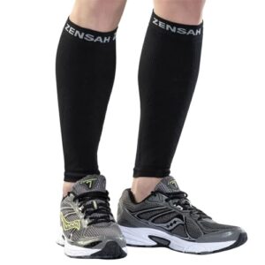 zensah running leg compression sleeves – shin splint, calf compression sleeve, made in usa for sports, travel, men and women (black, small/medium)