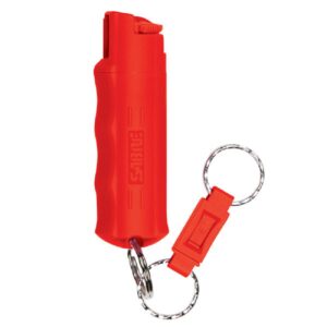 sabre red pepper spray keychain with quick release for easy access – max police strength oc spray, finger grip for accurate aim, 10-foot (3m) range, 25 bursts (5x other brands) – practice spray option