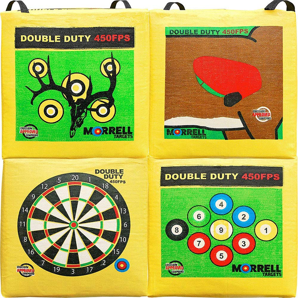 Morrell Double Duty 450 FPS Cube Field Point Archery Bag Target with Traditional Bullseyes, Nine-ball, Dartboard Game, and Deer Vitals, Yellow