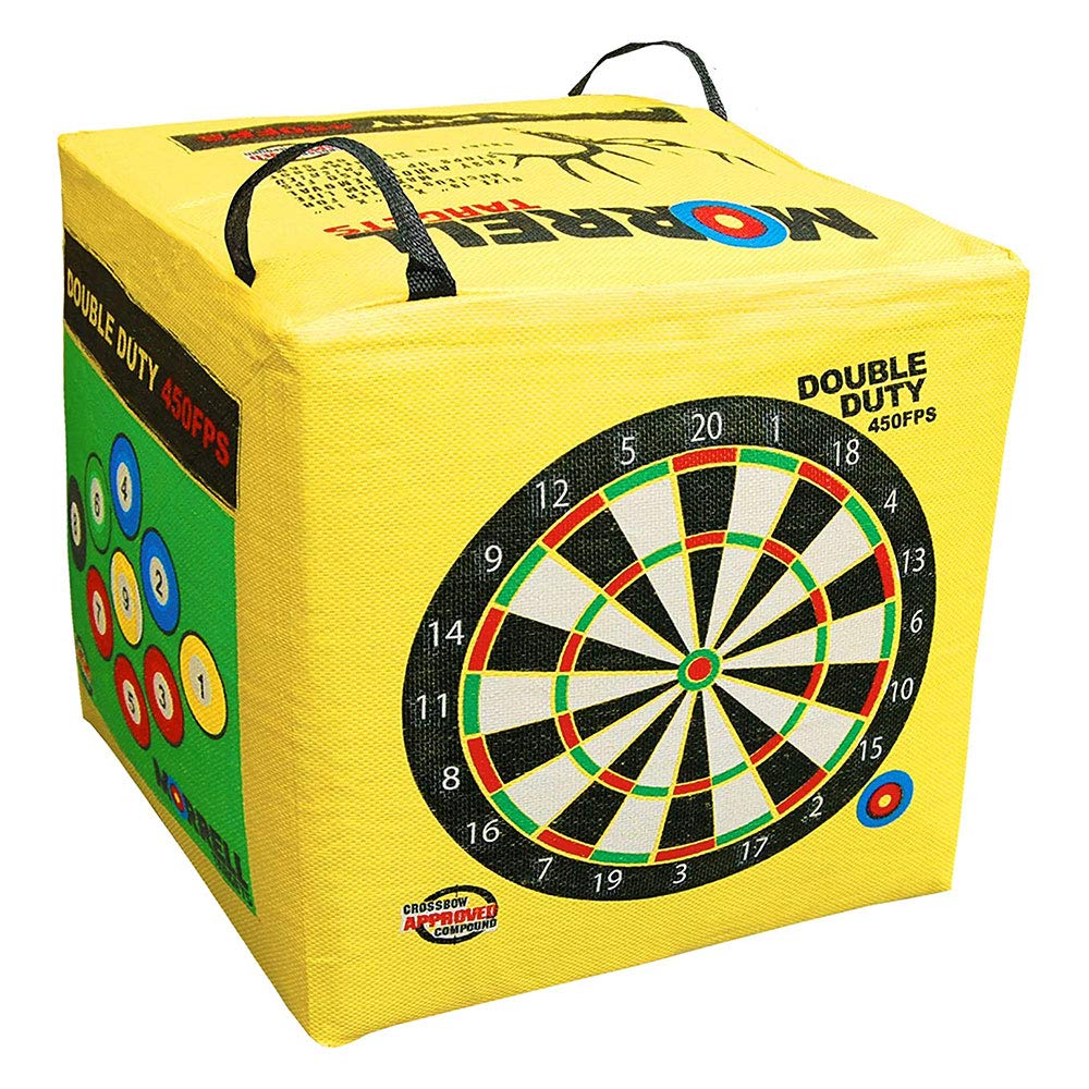 Morrell Double Duty 450 FPS Cube Field Point Archery Bag Target with Traditional Bullseyes, Nine-ball, Dartboard Game, and Deer Vitals, Yellow