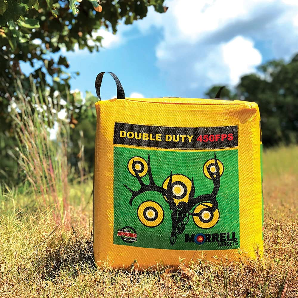 Morrell Double Duty 450 FPS Cube Field Point Archery Bag Target with Traditional Bullseyes, Nine-ball, Dartboard Game, and Deer Vitals, Yellow