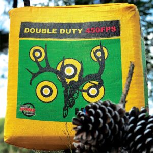 Morrell Double Duty 450 FPS Cube Field Point Archery Bag Target with Traditional Bullseyes, Nine-ball, Dartboard Game, and Deer Vitals, Yellow