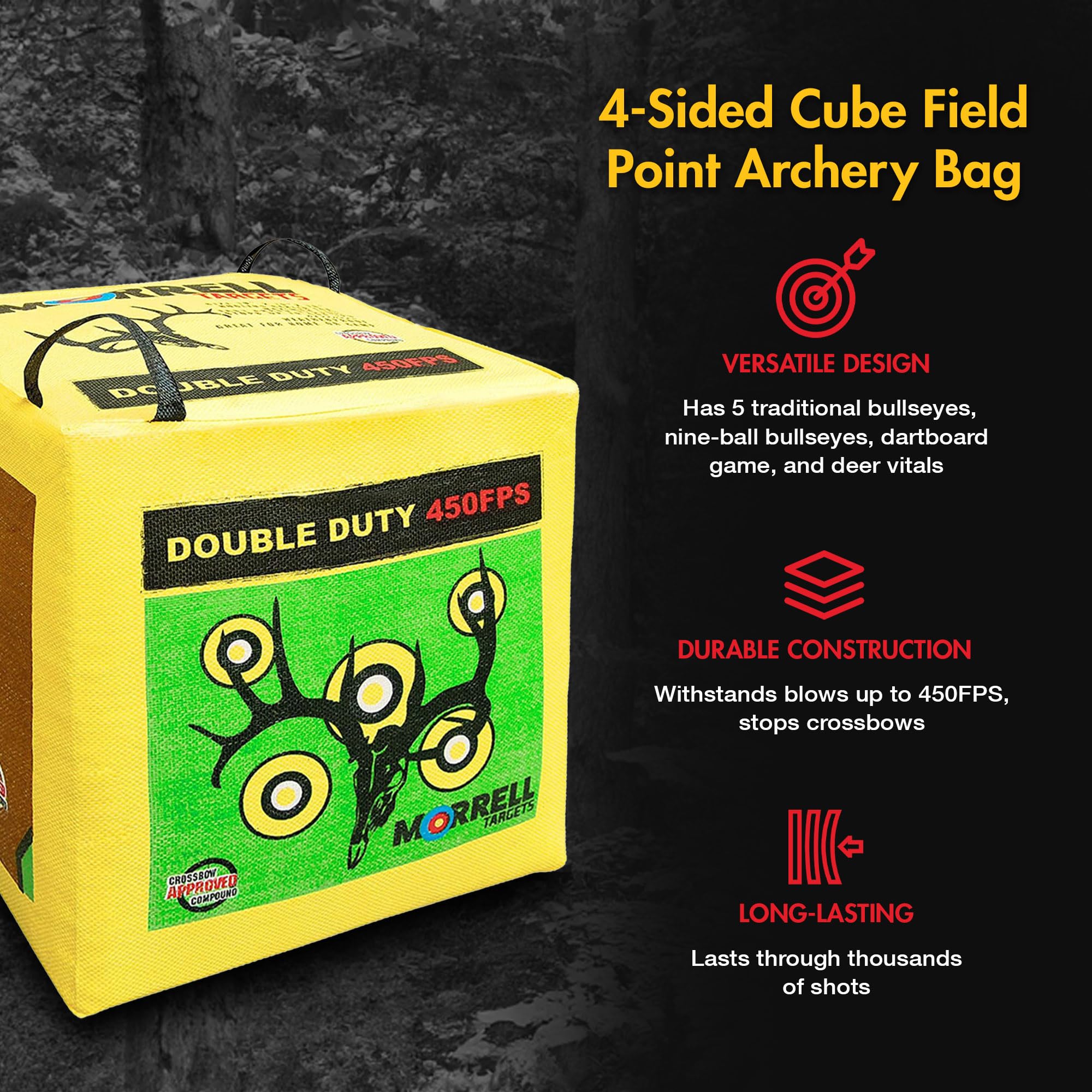 Morrell Double Duty 450 FPS Cube Field Point Archery Bag Target with Traditional Bullseyes, Nine-ball, Dartboard Game, and Deer Vitals, Yellow