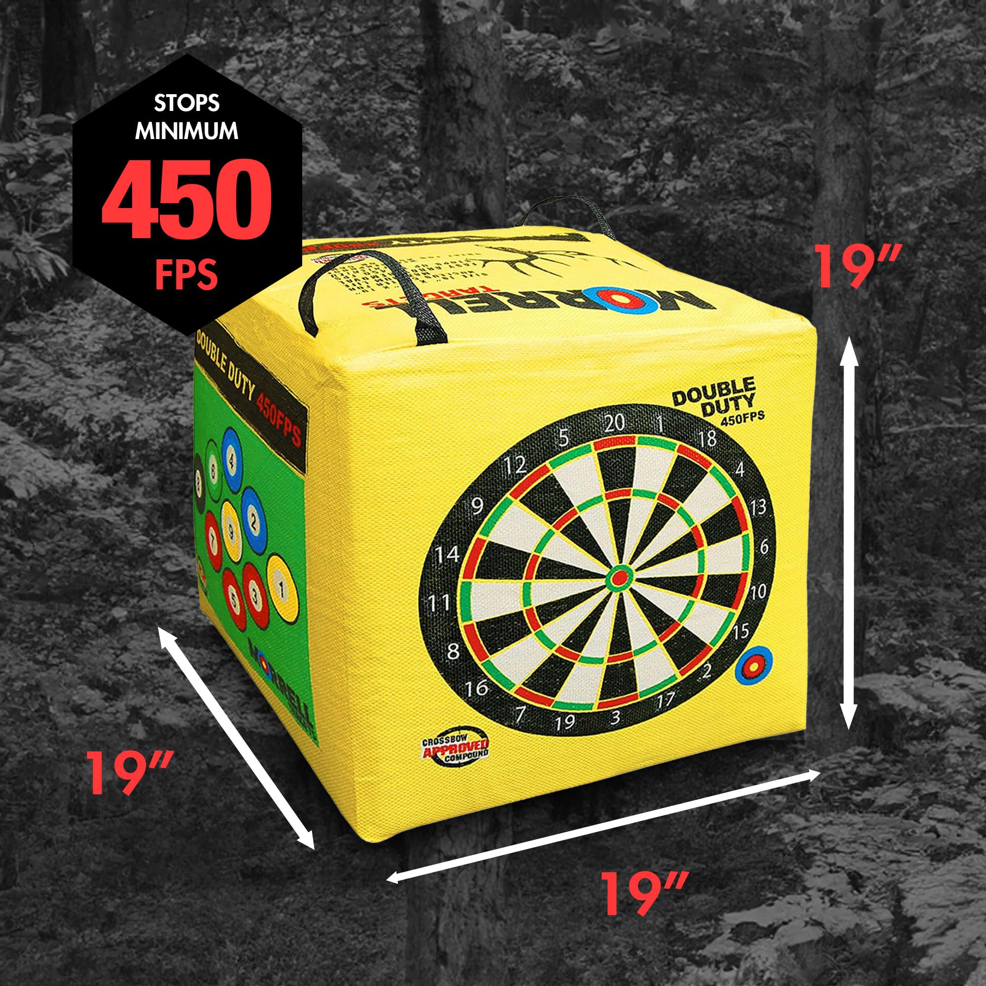 Morrell Double Duty 450 FPS Cube Field Point Archery Bag Target with Traditional Bullseyes, Nine-ball, Dartboard Game, and Deer Vitals, Yellow