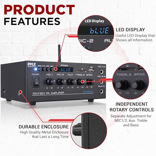 Pyle Compact Mini Home Power Amplifier - 40W Smart Small Audio Stereo Receiver w/ AUX 2 Microphone IN COM/8-Ohm/25V/70V Speakers LED Input Selector For PA Amplified Speaker Sound System PCM20A