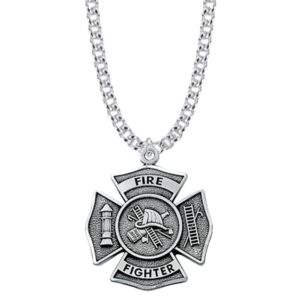 TrueFaithJewelry Sterling Silver Fire-Fighter Shield Medal Cross Pendant Necklace, 1 Inch