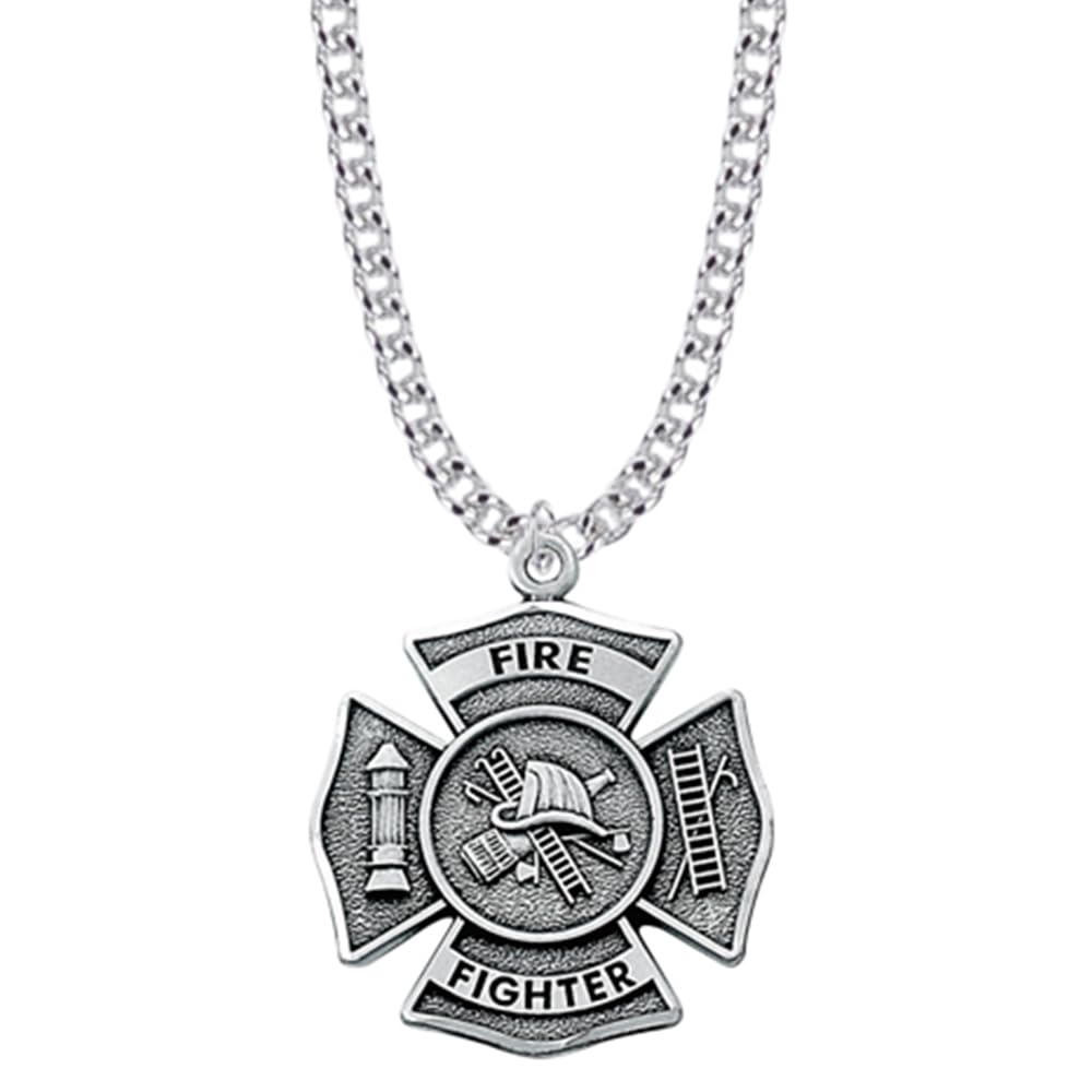 TrueFaithJewelry Sterling Silver Fire-Fighter Shield Medal Cross Pendant Necklace, 1 Inch