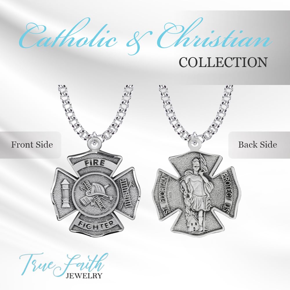 TrueFaithJewelry Sterling Silver St Florian Fire Fighter Shield Medal Patron Saint Pendant Necklace, 1 Inch