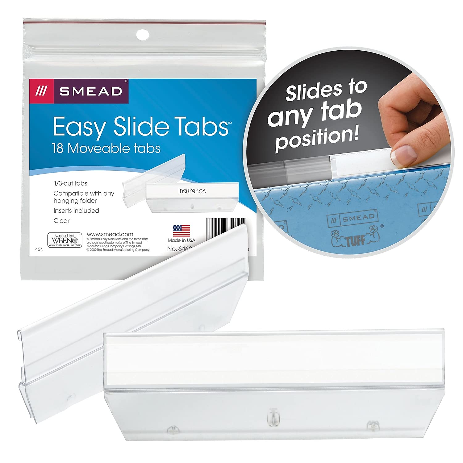 Smead Easy Slide Tab, 1/3-Cut, Clear, 18 Per Pack (64626)