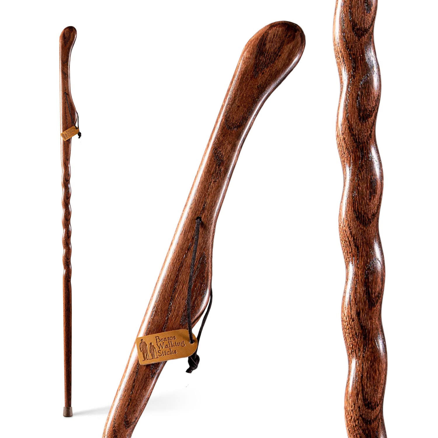 Brazos Handcrafted Wood Walking Stick, Twisted Oak, Hitchhiker Style Handle, for Men & Women, Made in the USA, Red, 55"