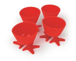 starfrit gourmet set of four reusable red silicone muffin liners with suction cup feet