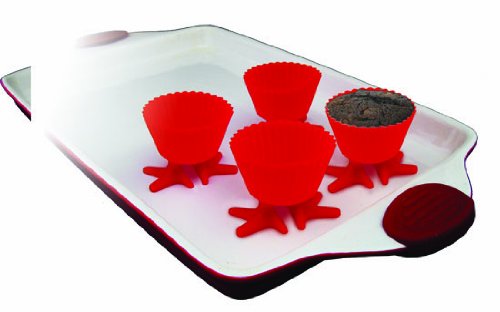 Starfrit Gourmet Set of Four Reusable Red Silicone Muffin Liners with Suction Cup Feet