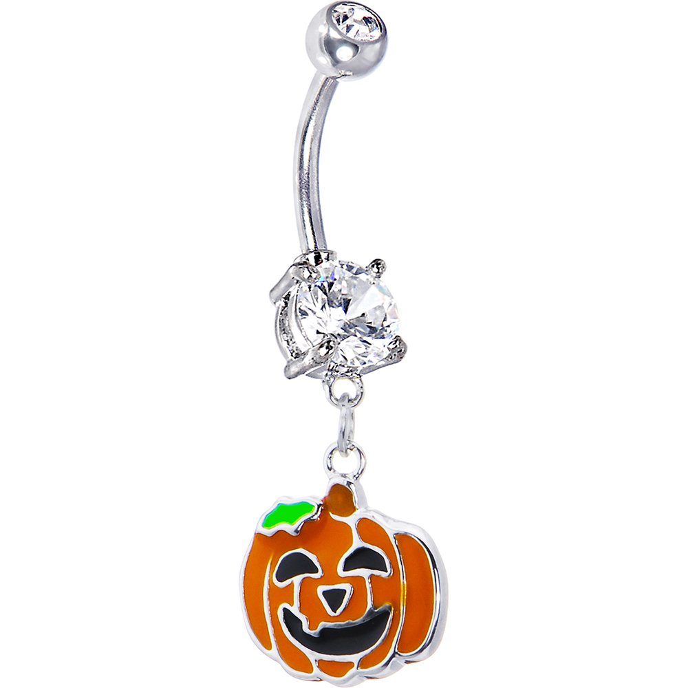 Body Candy Stainless Steel Happy Jackolantern Belly Button Ring with Dangle