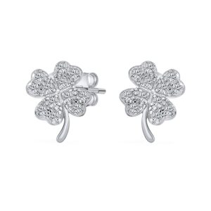 Luck of the Irish Shamrock Lucky Charm Cubic Zirconia Pave CZ Four Leaf Clover Stud Earrings For Women .925 Sterling Silver