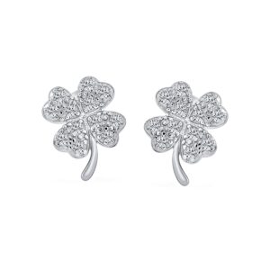 Luck of the Irish Shamrock Lucky Charm Cubic Zirconia Pave CZ Four Leaf Clover Stud Earrings For Women .925 Sterling Silver