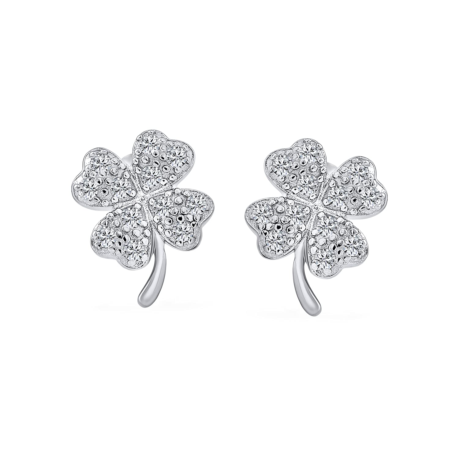 Luck of the Irish Shamrock Lucky Charm Cubic Zirconia Pave CZ Four Leaf Clover Stud Earrings For Women .925 Sterling Silver